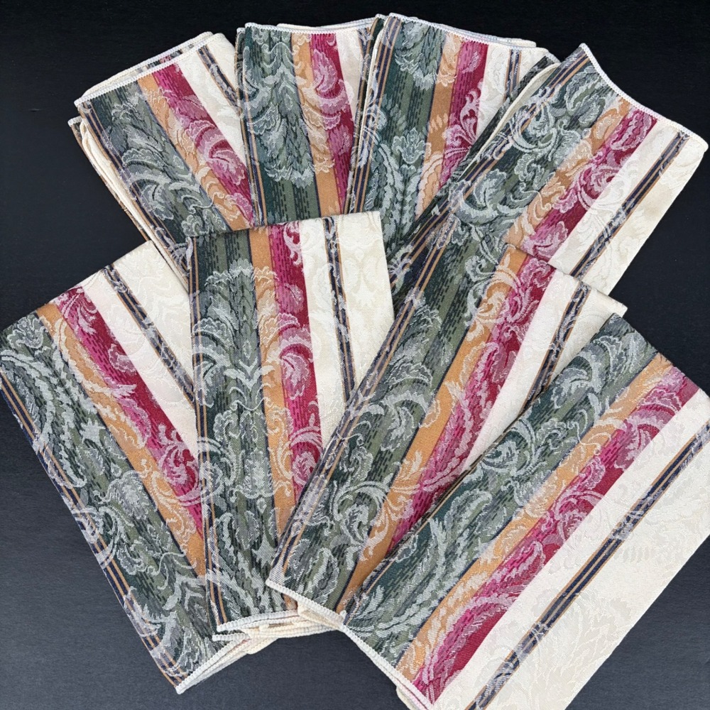 Cloth Napkins Vintage Striped Damask Floral Jacquard 8pc Burgundy‎ Green 19x18